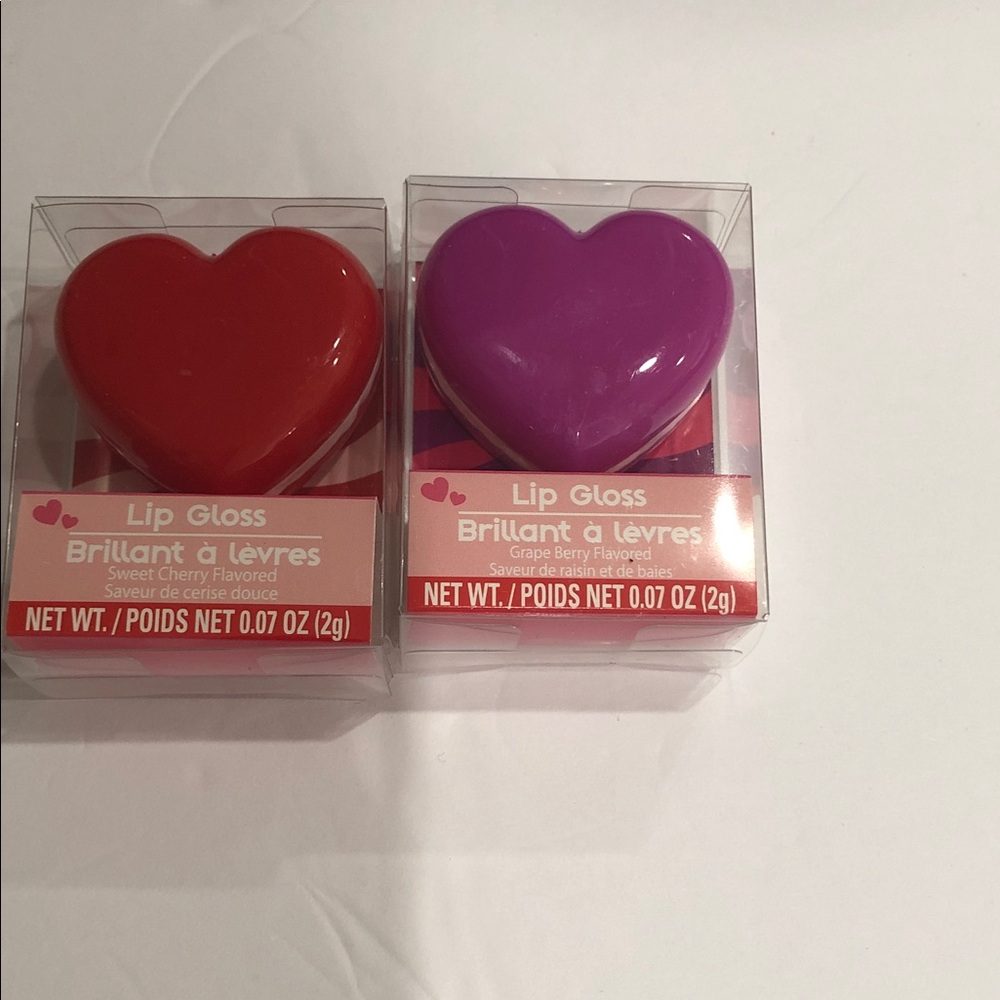 2pack Sweet Cherry and Grape Berry flavored red and purple heart shape lip gloss